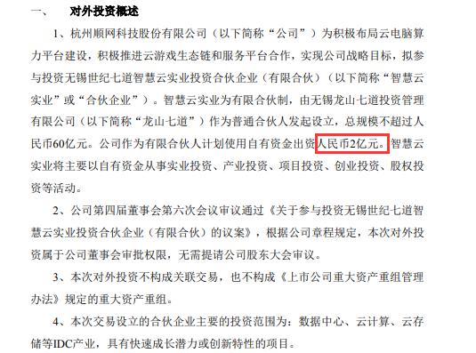 顺网科技参与投资智慧云实业 出资2亿元